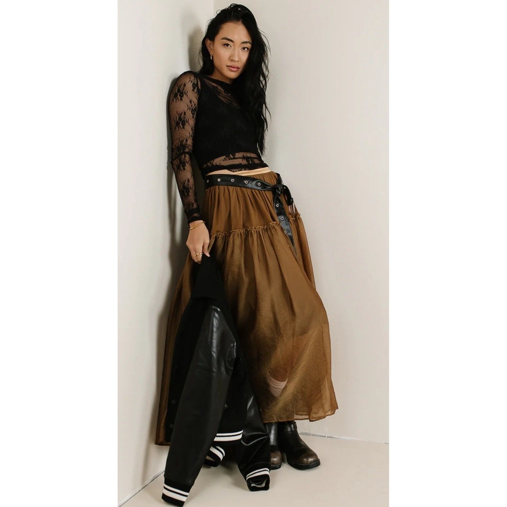 NWT Bohme Olive Tiered Tulle Maxi Skirt Shimmer High Waist XS Boho